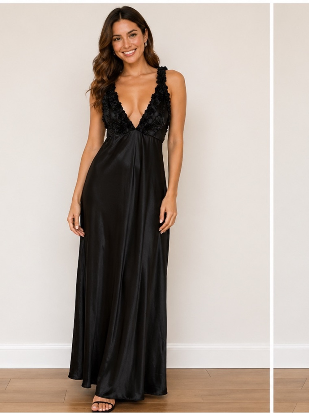 Flora Elegant Floral Appliqué Deep-V Maxi Dress SMALL Pit 14”
Length 49”